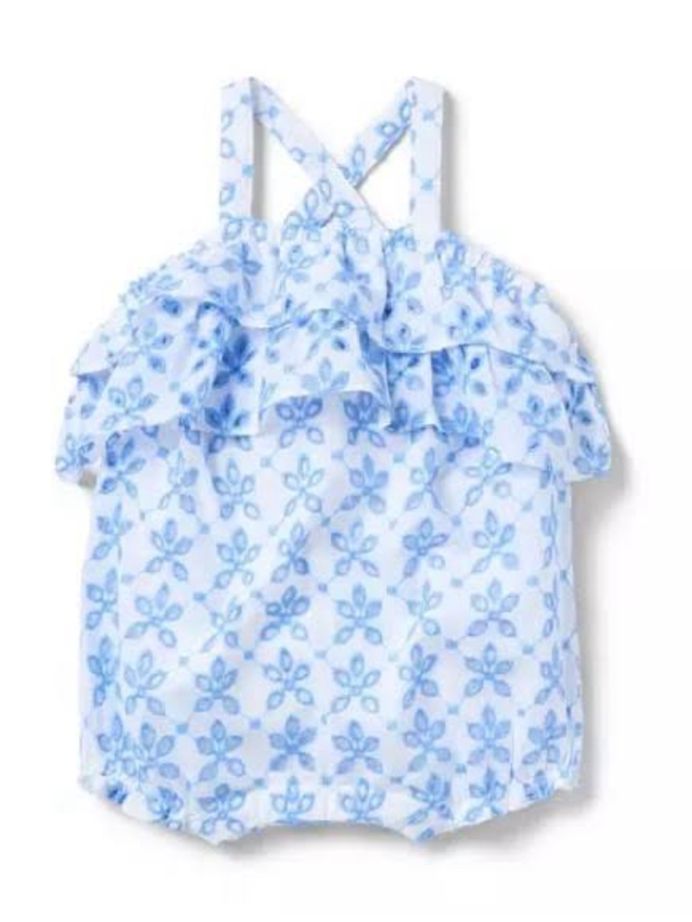 Janie and Jack White Eyelet Romper with Blue Floral Embroidery